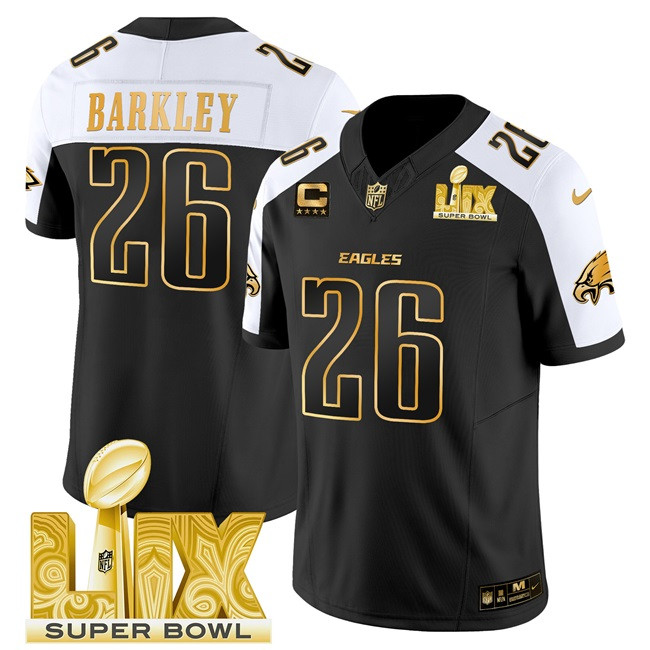 Men's Philadelphia Eagles #26 Saquon Barkley Black Gold 2025 Super Bowl LIX With 4-Star C Patch New F.U.S.E. Vapor Untouchable Limited Stitched Football Jersey Men's Philadelphia Eagles #26 Saquon Barkley Black Gold 2025 Super Bowl LIX With 4-Star C Patch New F.U.S.E. Vapor Untouchable Limited Stitched Football Jersey